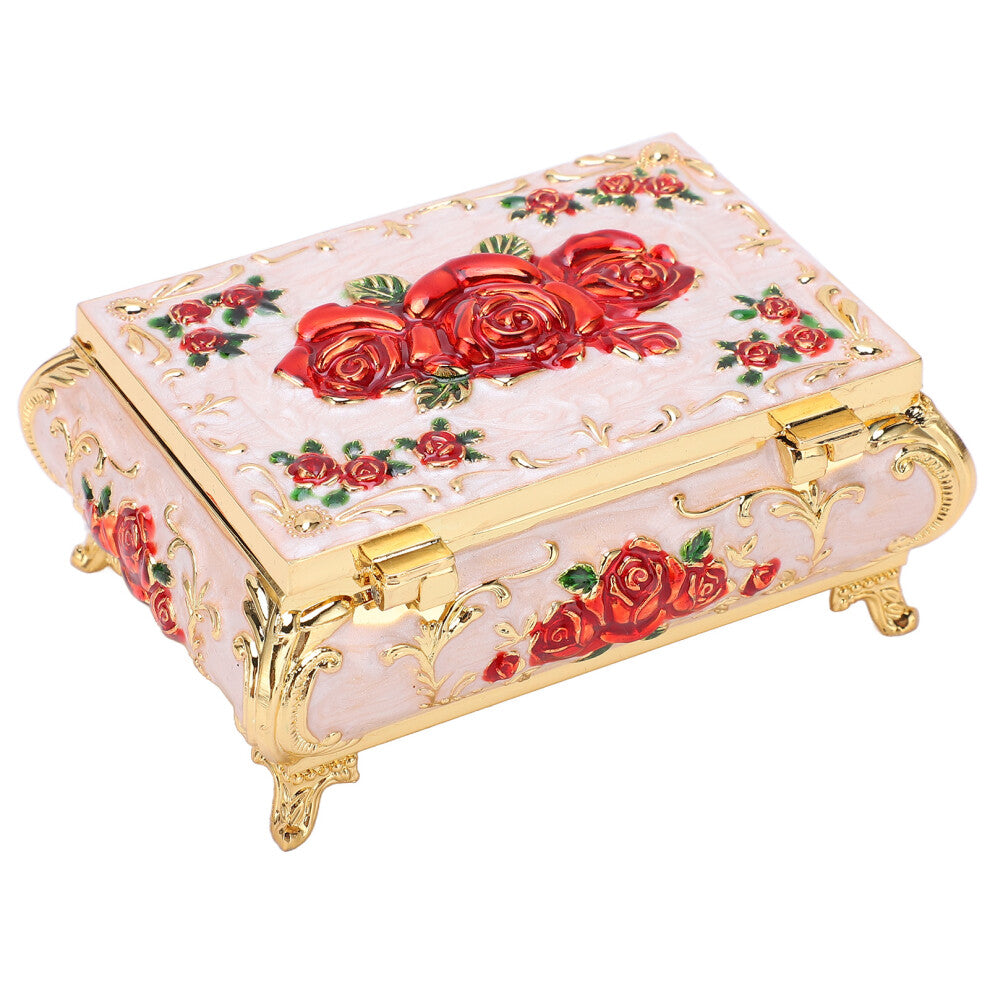 Vintage Jewelry Box Vintage Roses Embossed Design Zinc Alloy Soft Velvet Vibrant Colors Safe Glossy Small Jewelry BoxGold White and Red Ros
