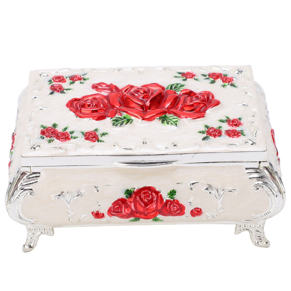 Vintage Jewelry Box Vintage Roses Embossed Design Zinc Alloy Soft Velvet Vibrant Colors Safe Glossy Small Jewelry BoxSilver White and Red R