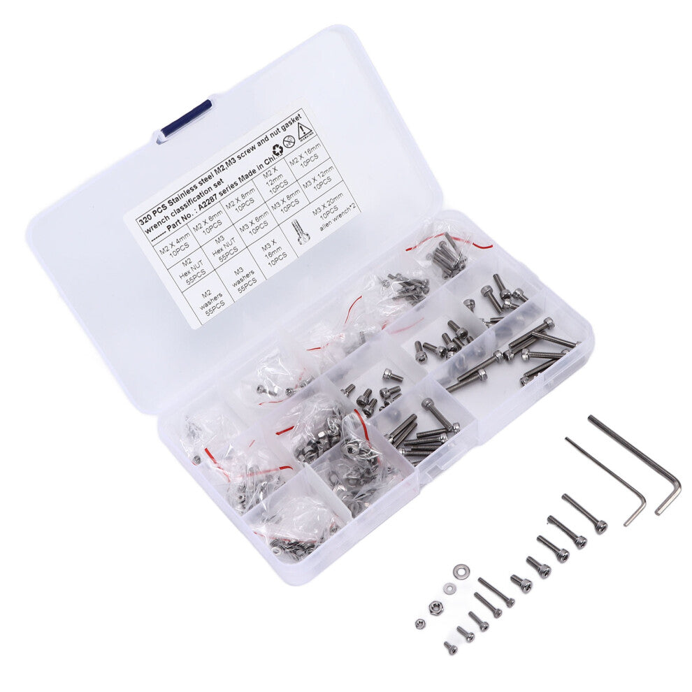320pcs Screws Nuts Gasket Assortment Set 304 Stainless Steel M2 M3 Hex Bolts Washer Kit for Cars Trucks