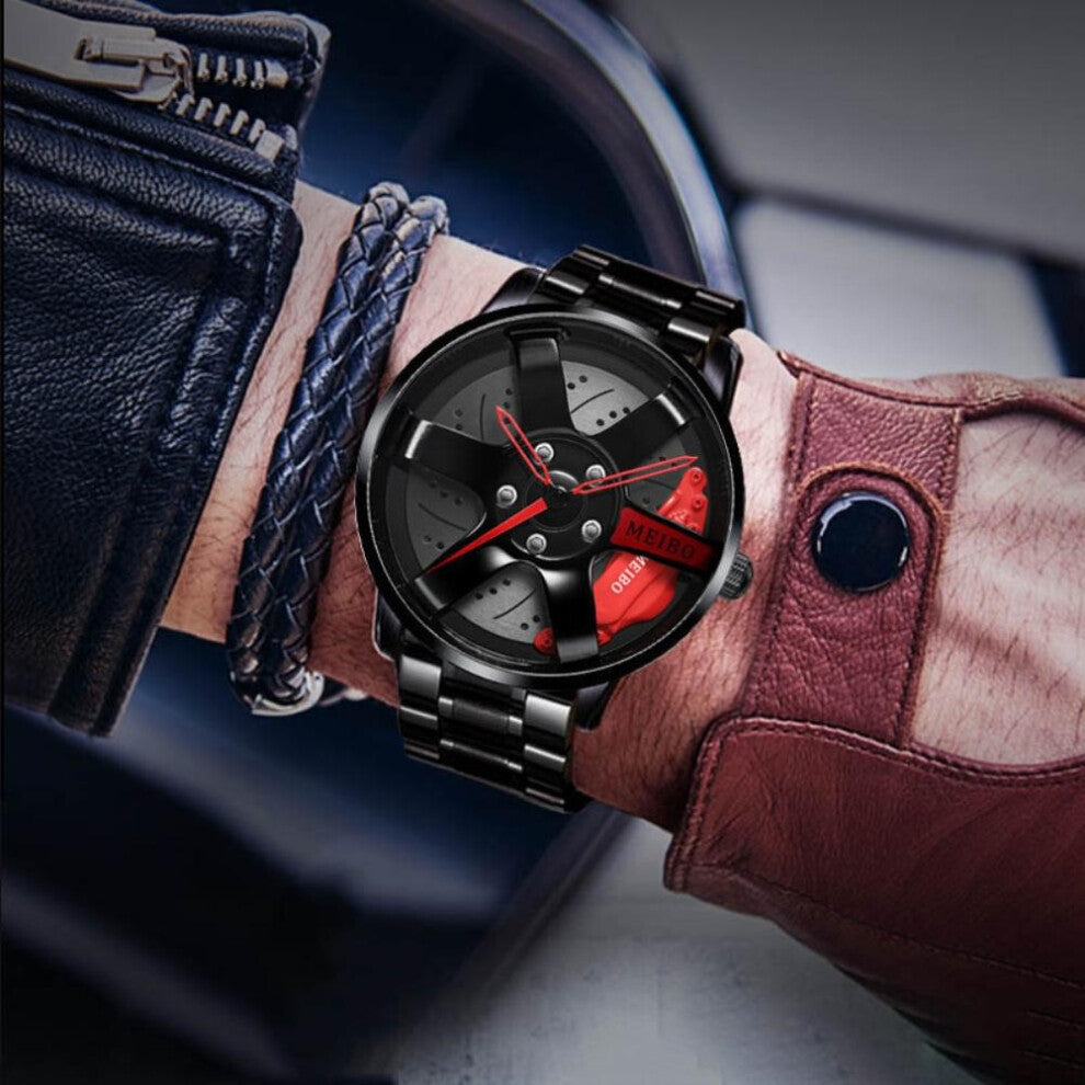 Men s Sports Watch Waterproof Car Wheel Watches 3D Hollow Wheel Design Stainless Steel Watch