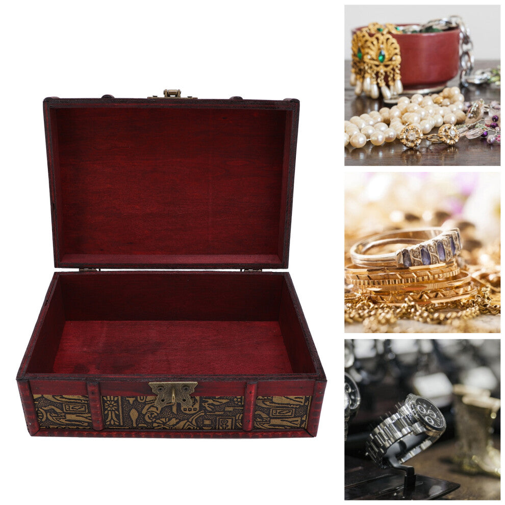 Vintage Wooden Storage Box Decorative Desktop Treasure Chest Jewelry Cosmetic Case with Lock for Pearl Coin Collection Photo Prop