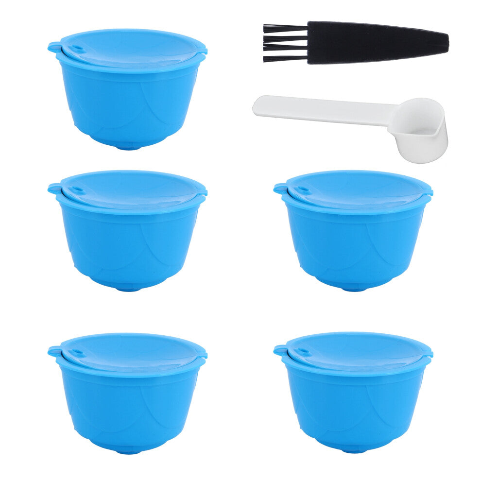 Refillable Coffee Capsule Filter Cup Kit Accessories for DOLCE GUSTO Coffee Machine(Blue 5 Capsules1 Spoon 1 Brush)