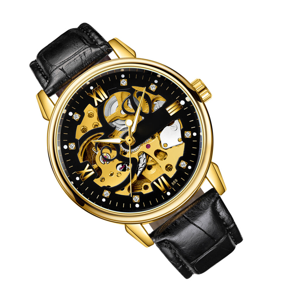 TEVISE Men Watches Automatic Mechanical Skeleton Watch Genuine Leather Band Luminous Hands 3ATM Waterproof Male Fashion Wristwatch Black