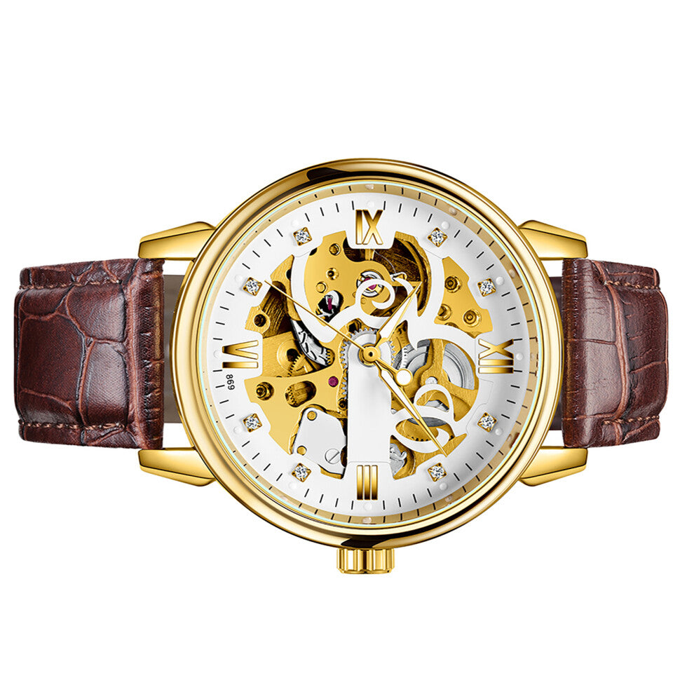 TEVISE Men Watches Automatic Mechanical Skeleton Diamond-Studded Watch Genuine Leather Band Luminous Hands 3ATM Waterproof Male Fashion Wri