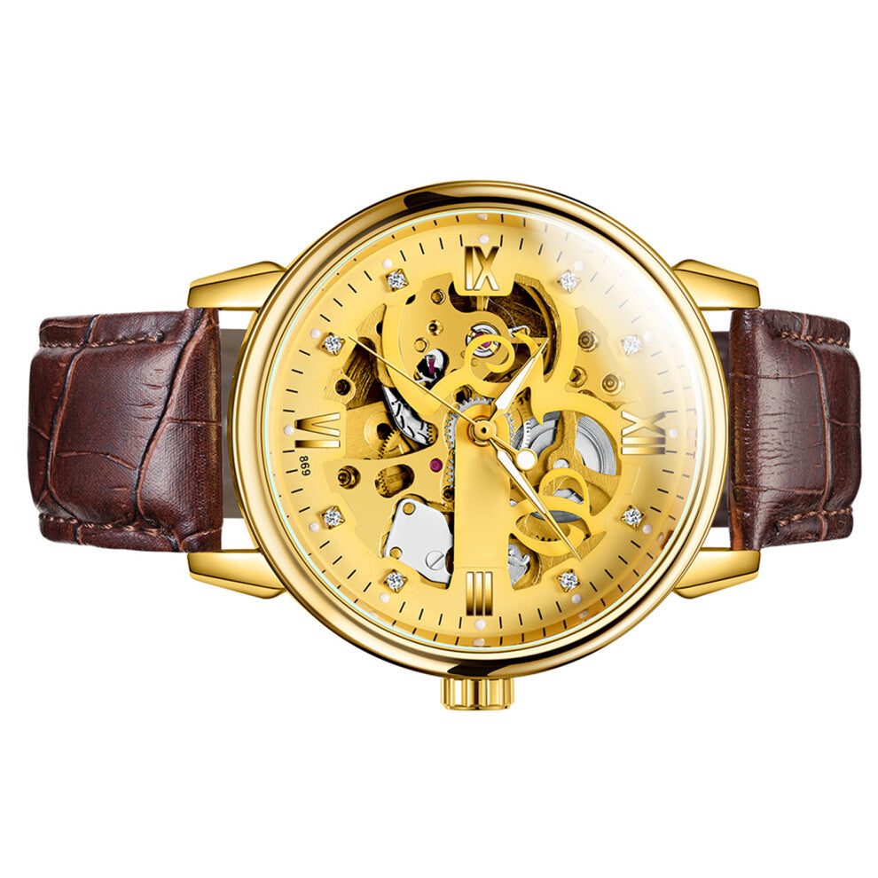 TEVISE Men Watches Automatic Mechanical Skeleton Watch Genuine Leather Band Luminous Hands 3ATM Waterproof Male Fashion Wristwatch Gold
