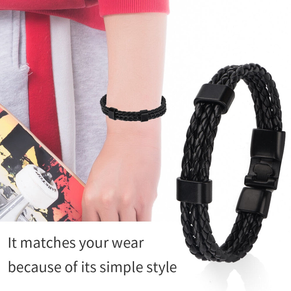 Men Male PU Strap Alloy Buckle Knitting Knitted Multilayer Bracelet Wristband (Black)
