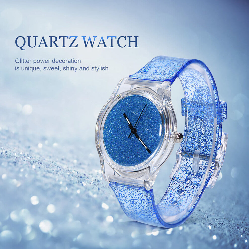 Female Quartz Wrist Watch Round Plastic Strap Glitter Powder Wristwatch (Blue)
