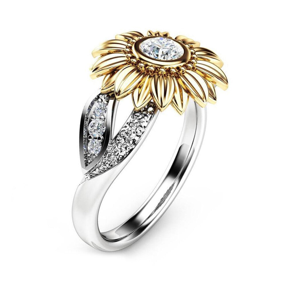 Fashionable Female Copper Engagement Round Sunflower Ring with Zircon Decoration 6#