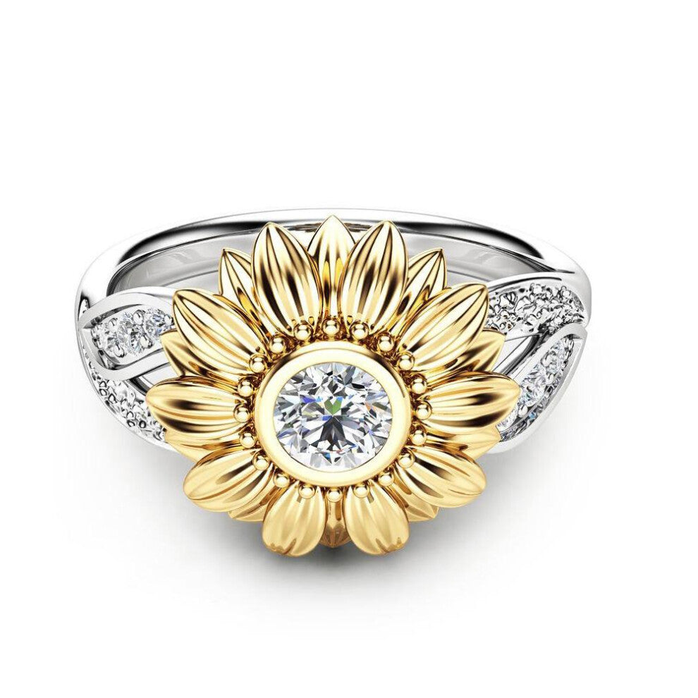 Fashionable Female Copper Engagement Round Sunflower Ring with Zircon Decoration 7#