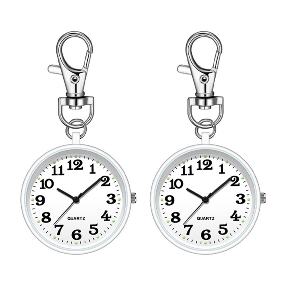 2pcs Nurses Watches for Women Quartz Pocket Watch with Key Buckle Hanging Digital Clip Doctors White