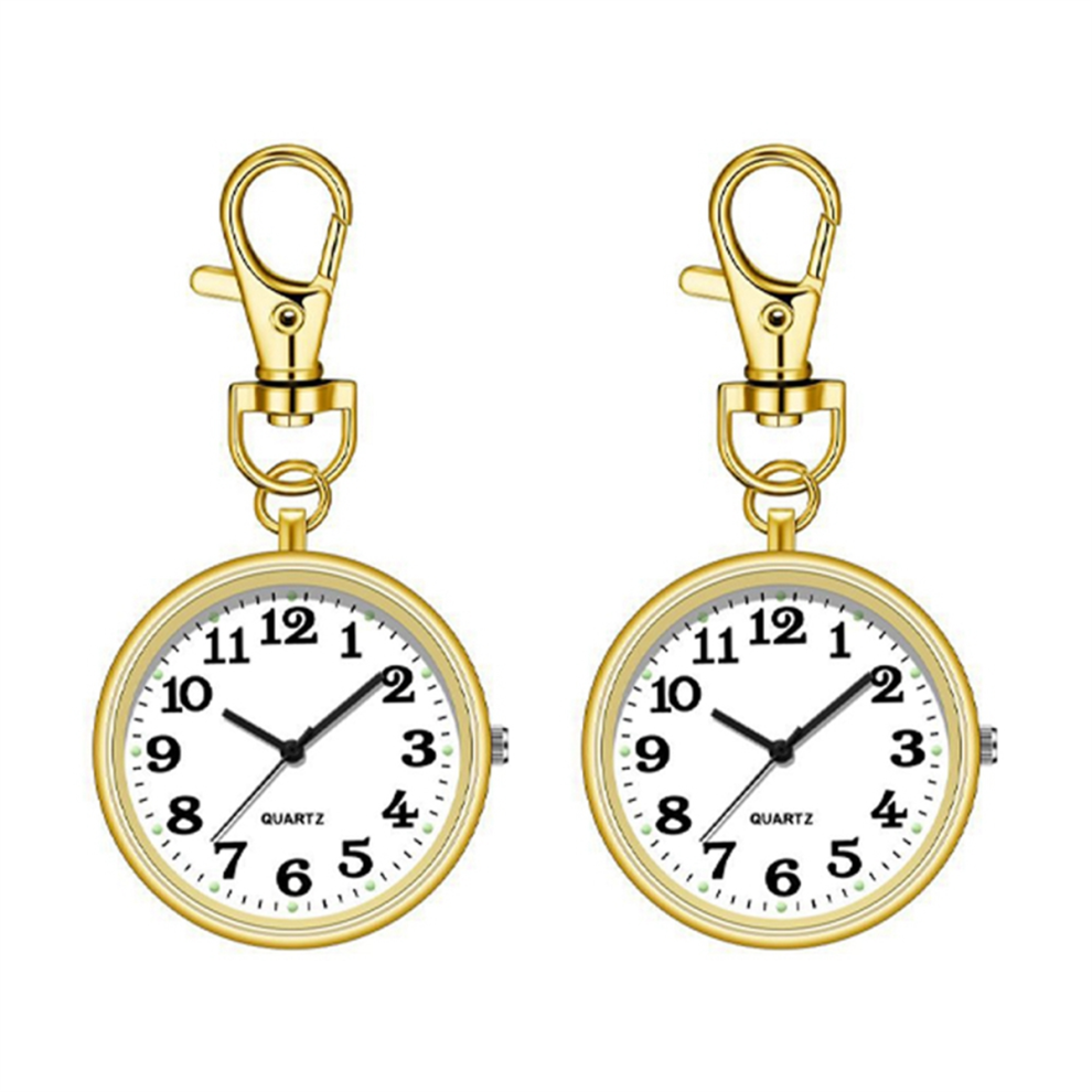 2pcs Nurses Watches for Women Quartz Pocket Watch with Key Buckle Hanging Digital Clip Doctors Gold