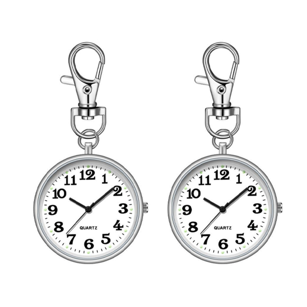 2pcs Nurses Watches for Women Quartz Pocket Watch with Key Buckle Hanging Digital Clip Doctors Silver