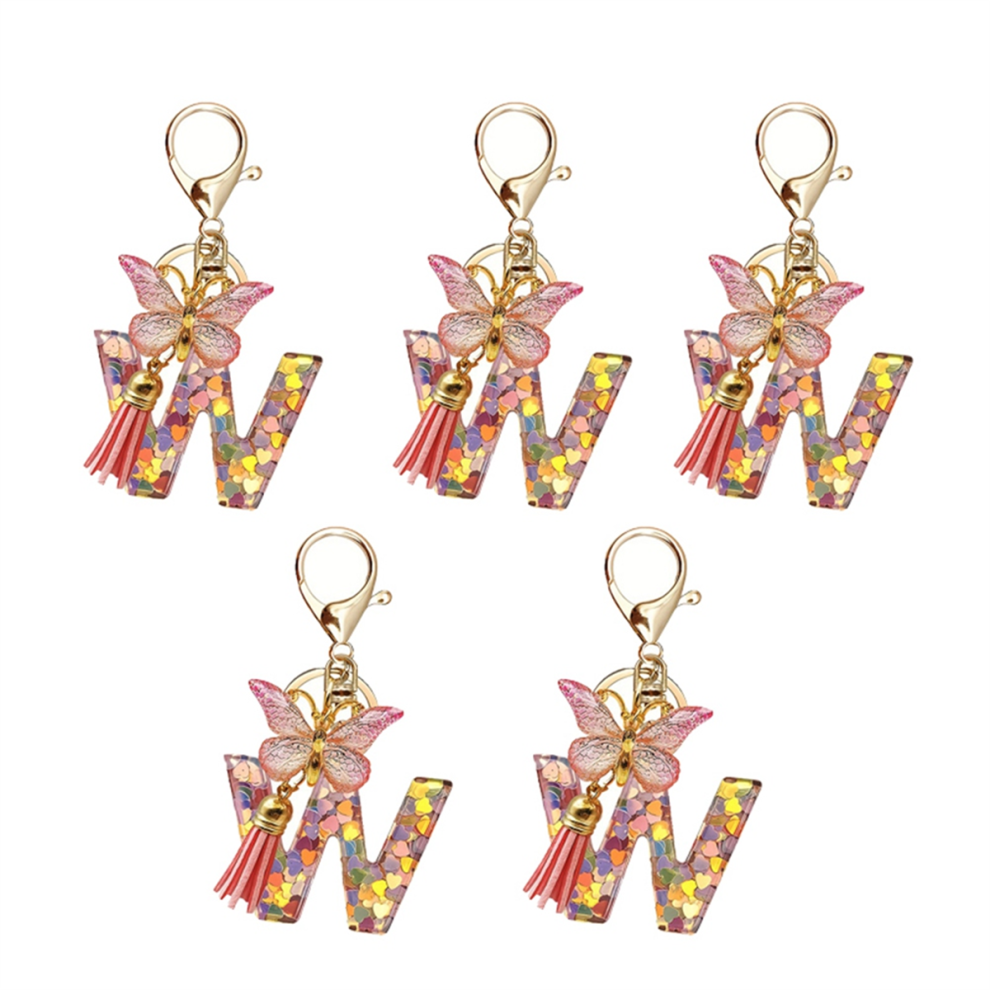 W Style Letter Pendant Pink Cute Initial Keychain Butterfly
