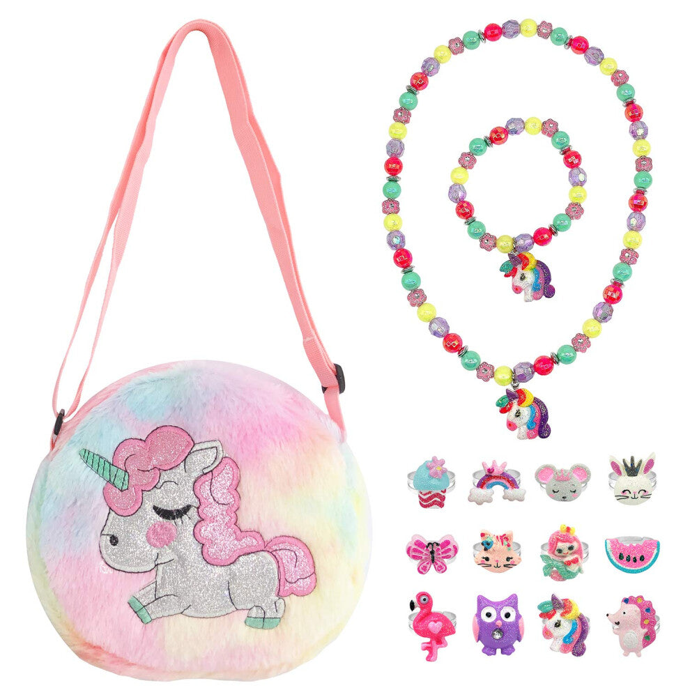 Elesa Miracle Little Girl Plush Purse Handbag Kids Necklace Pretend Play Toy Playset Jewelry Crossbody Purse for Children Toddler Baby Girls  Unicorn