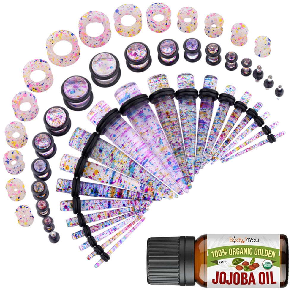 BodyJ4You 54PC Ear Stretching Kit 14G-12mm - Aftercare Jojoba Oil - Multicolor Glitter Acrylic Plugs Gauge Tapers Silicone Tunnels - Lightweight