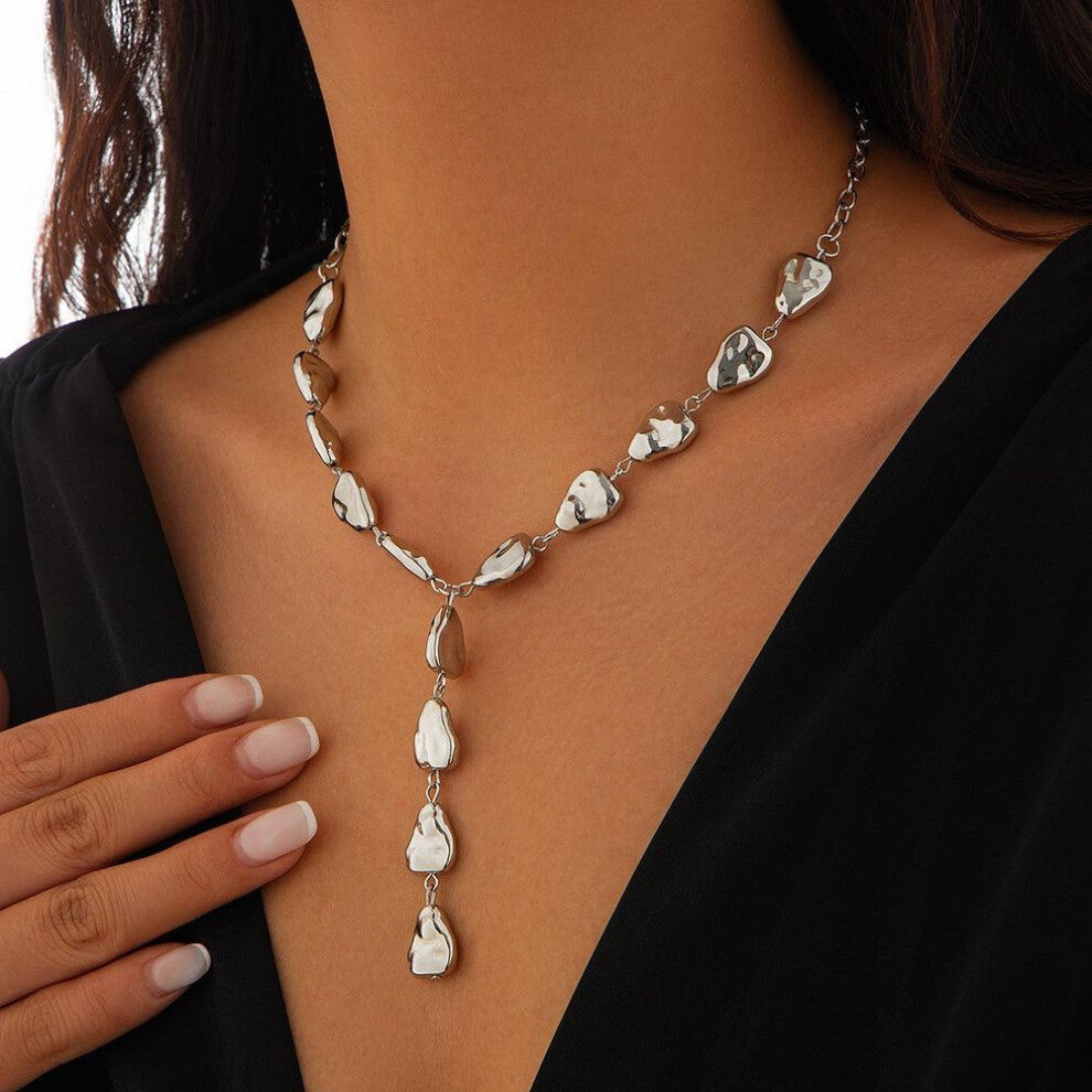 (silver) Irregular Baroque Ccb Beaded Y-shaped Clavicle Chains Women Necklace Water Drop Beads Pendant Necklace For Girls Fashion Jewelry