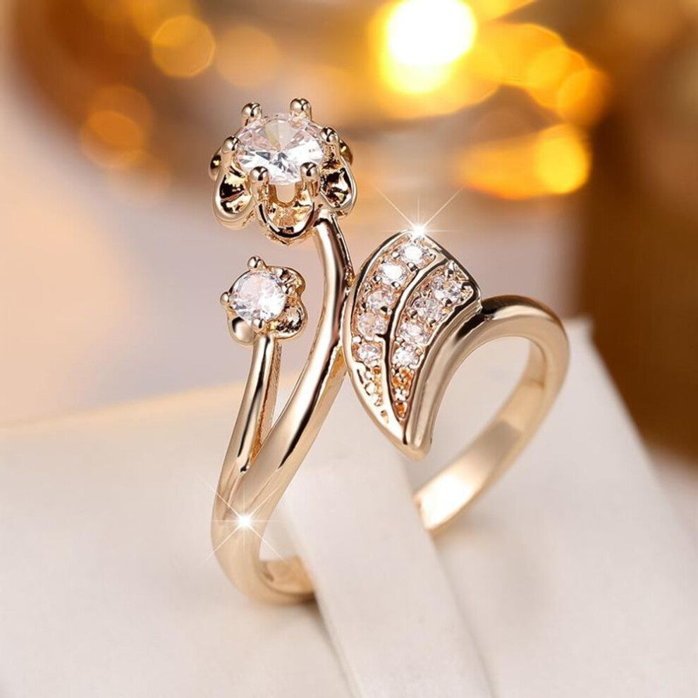 (gold, 8) Luxury White Zircon Flower Leaf Rings For Women Girls Gold Color Wedding Engagement Jewelry