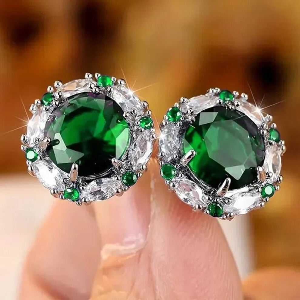 (silver,green) Vintage Royal Blue Round Cubic Zirconia Flower Stud Earrings For Women Silver Color White Bridal Wedding Ear Studs Engagement Jewelry G