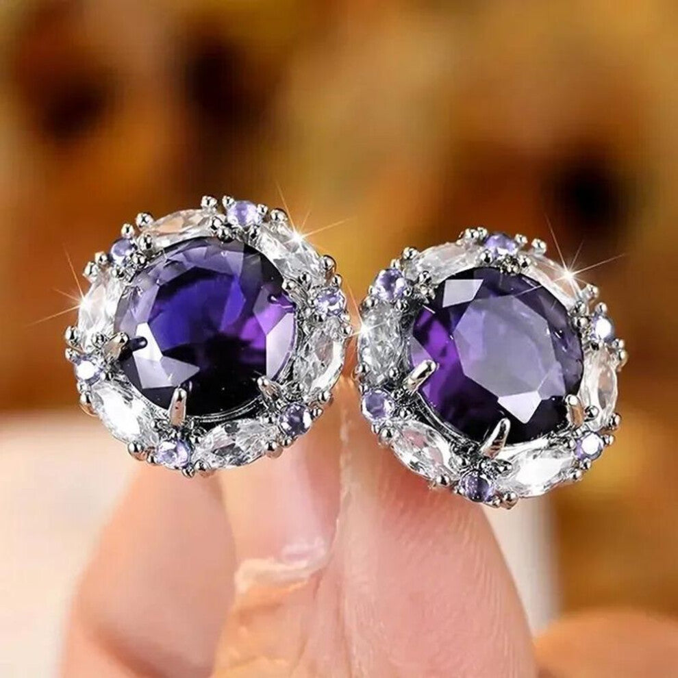 (silver,purple) Vintage Royal Blue Round Cubic Zirconia Flower Stud Earrings For Women Silver Color White Bridal Wedding Ear Studs Engagement Jewelry