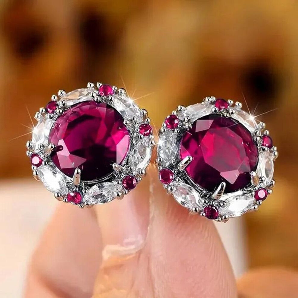 (silver,rose red) Vintage Royal Blue Round Cubic Zirconia Flower Stud Earrings For Women Silver Color White Bridal Wedding Ear Studs Engagement Jewelr