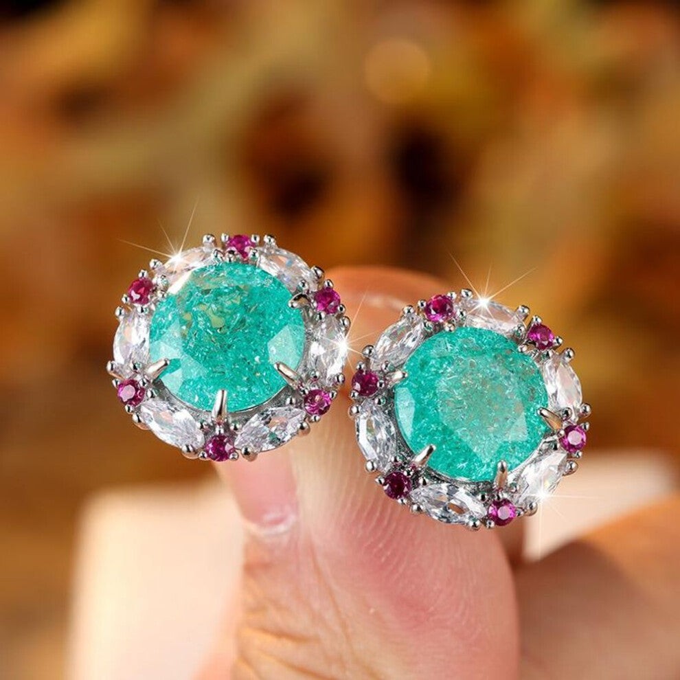 (bright turquoise) Vintage Royal Blue Round Cubic Zirconia Flower Stud Earrings For Women Silver Color White Bridal Wedding Ear Studs Engagement Jewel