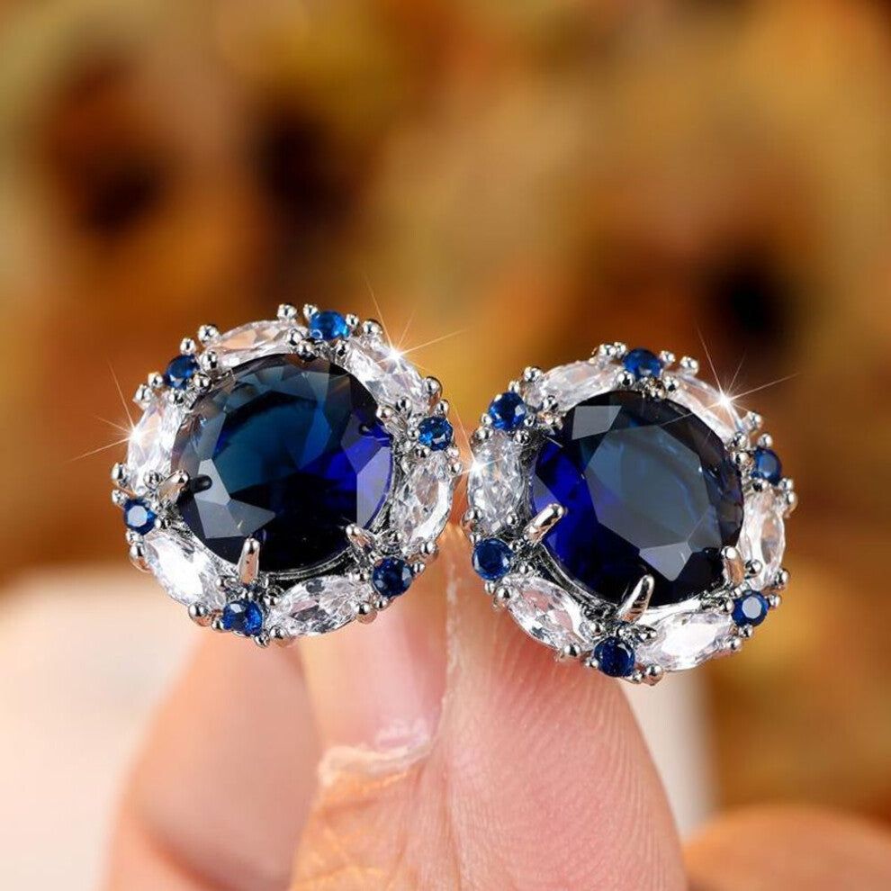 (navy blue) Vintage Royal Blue Round Cubic Zirconia Flower Stud Earrings For Women Silver Color White Bridal Wedding Ear Studs Engagement Jewelry Gift