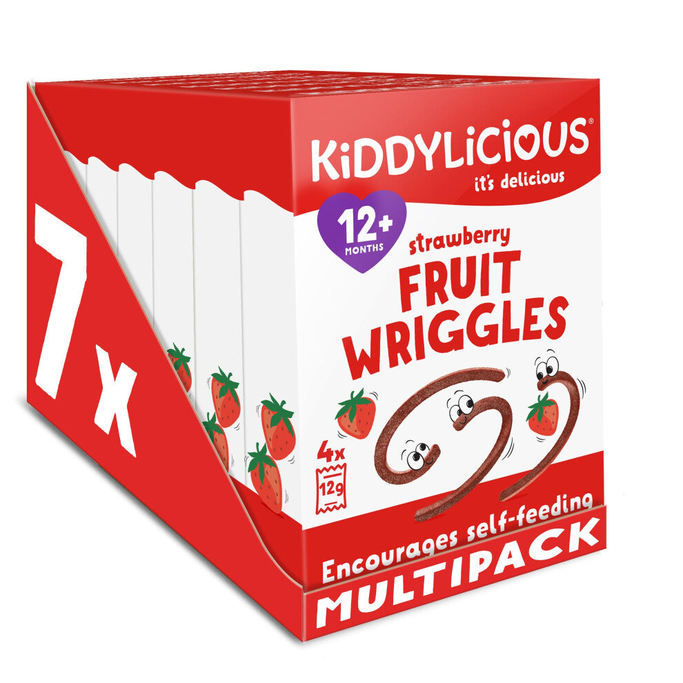 Kiddylicious Strawberry Wriggles - Delicious Real Fruit Treat for Kids - Suitable for 12+ Months - 7 Packs of 4 (28 Total)