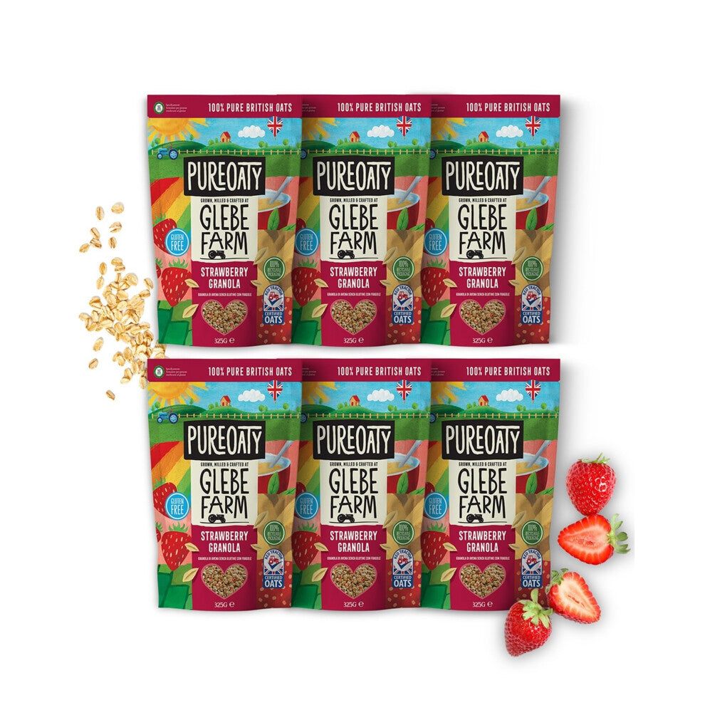 Glebe Farm Gluten Free PureOaty Strawberry Oat Granola 6PK, Healthy Wholegrain Oats To Help Lower Cholesterol, 100% British Oats, Vegan & High In