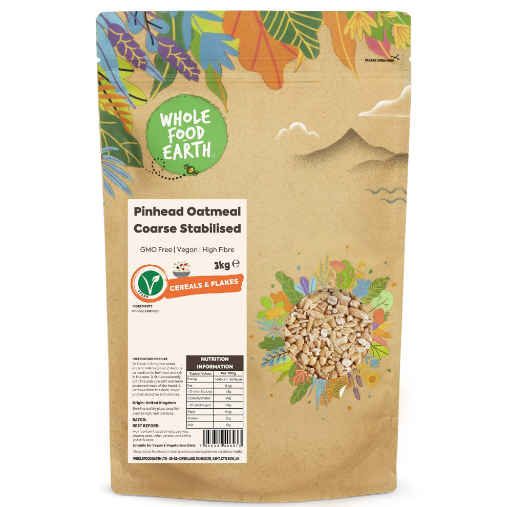 Wholefood Earth Pinhead Oatmeal Coarse Stabilised 3 kg | GMO Free | High Fibre