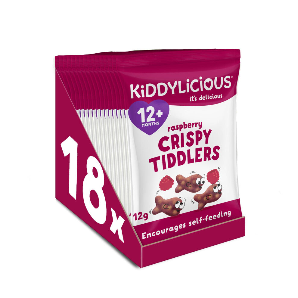 Kiddylicious Raspberry Crispy Tiddlers - Delicious Real Fruit Treat for Kids - Suitable for 12+ Months - 18 Packs