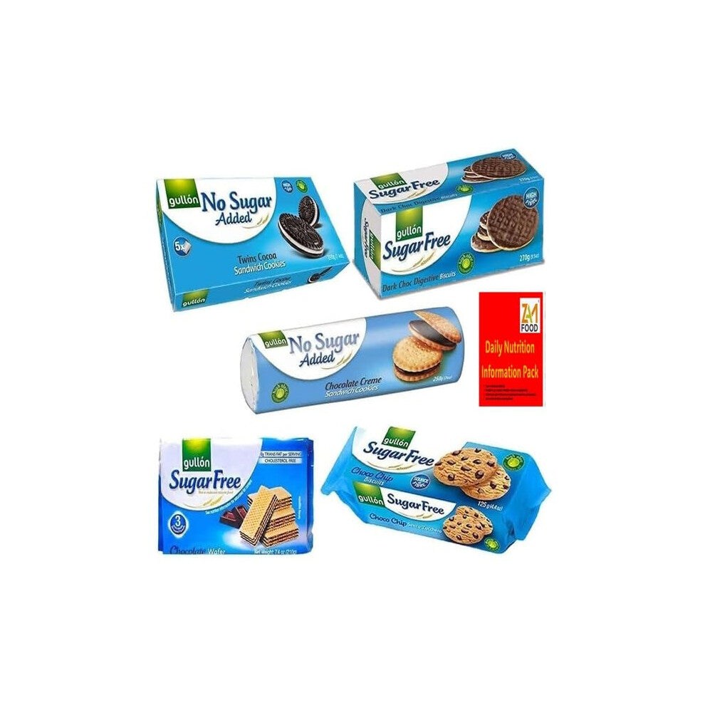 Gullon Sugar Free Biscuits Chocolate Mixed Variety Selection Diabectic friendly Pack (5 Pack) chocolate chip, cocoa sandwich, dark digestive,