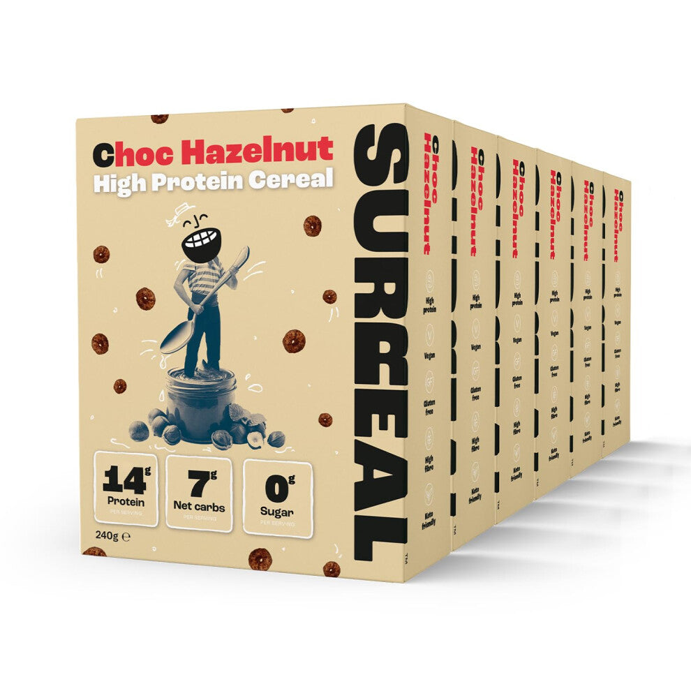Surreal Choc Hazelnut - High Protein Cereal 6 Pack - Zero Sugar- Healthy Plant Based Cereal - High in Fibre - Low Carb - Gluten Free - Vegan - 14g of