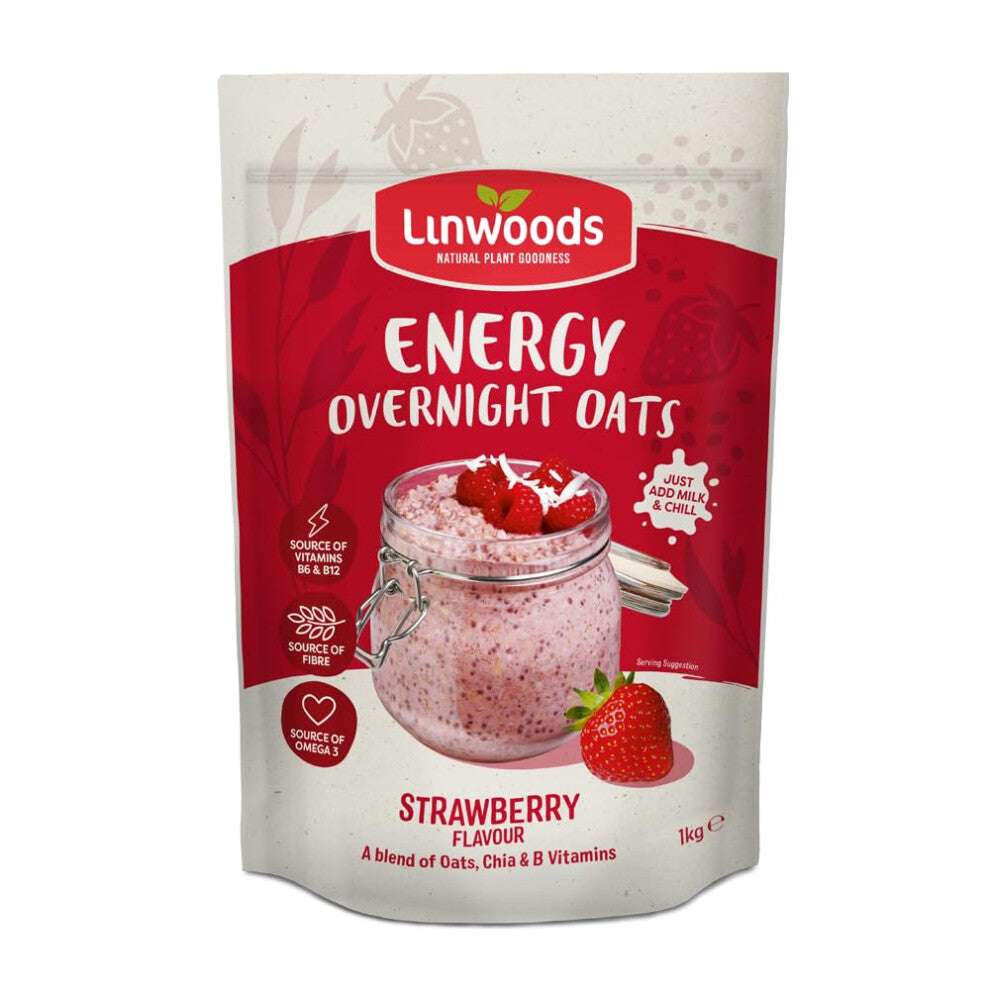 Linwoods Strawberry Energy Overnight Oats | 1kg Porridge Oats | Healthy Breakfast Food | Vegan Friendly & Gluten Free