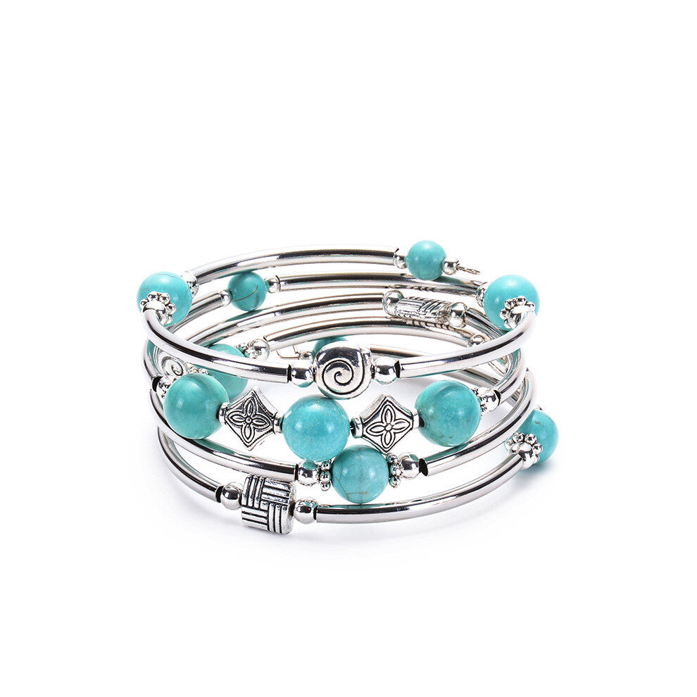 Mother's Day Turquoise Beaded Chakra Bangle Bracelet, Silver Layered Jewellery Wrap Bracelet with Natural Stone Birthday Gift for Women