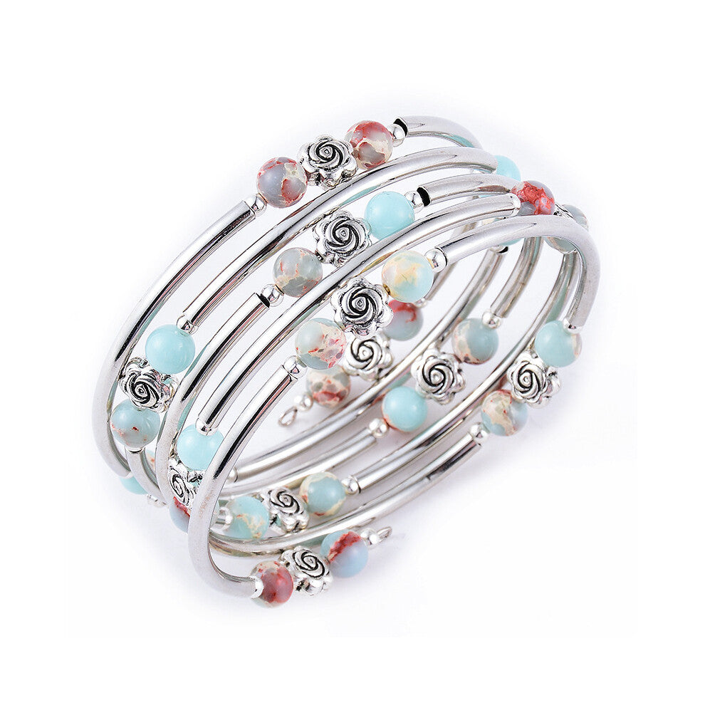 Mother's Day Beaded Pearl Layered Bangle Bracelet for Women Turquoise Bohemian Thick Silver Plated Fashion Jewellery Gifts for Birthday