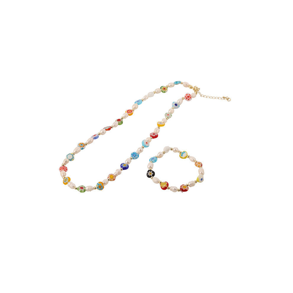 Summer Short Beaded Pearl Necklace and Bracelet for Women,Colored glass flowers Necklace with Pearl Beads Fashion Jewellery Birthday Gifts