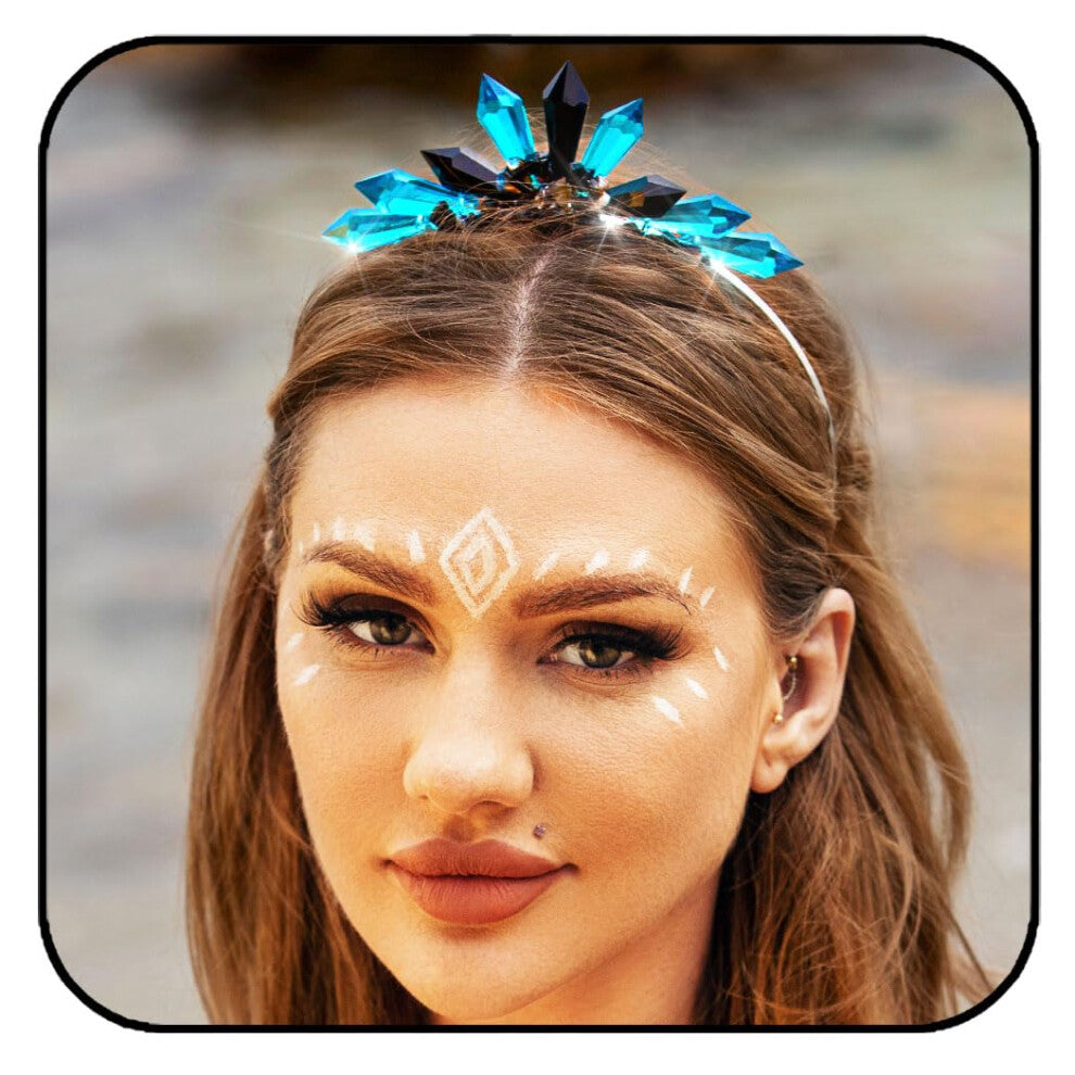 Formery Crystal Prisms Halo Headpiece Silver Blue Crystals Pillar Spike Halo Crown Headband Handmade Halloween Festival Stone Chip Tiara for Wome