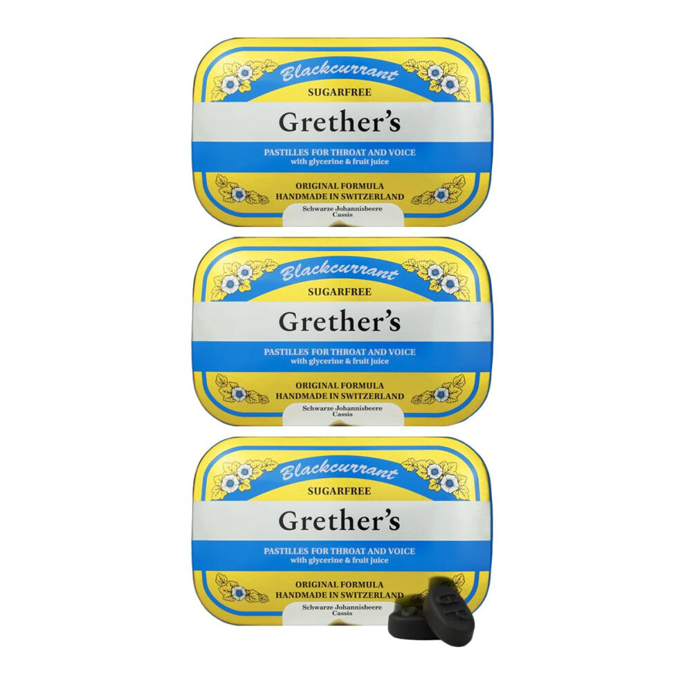 GRETHER'S Sugarfree Blackcurrant Pastilles - Natural Dry Mouth Relief - Soothing Throat & Healthy Voice - Gift for Singers - 2.1 oz. 3 Pack