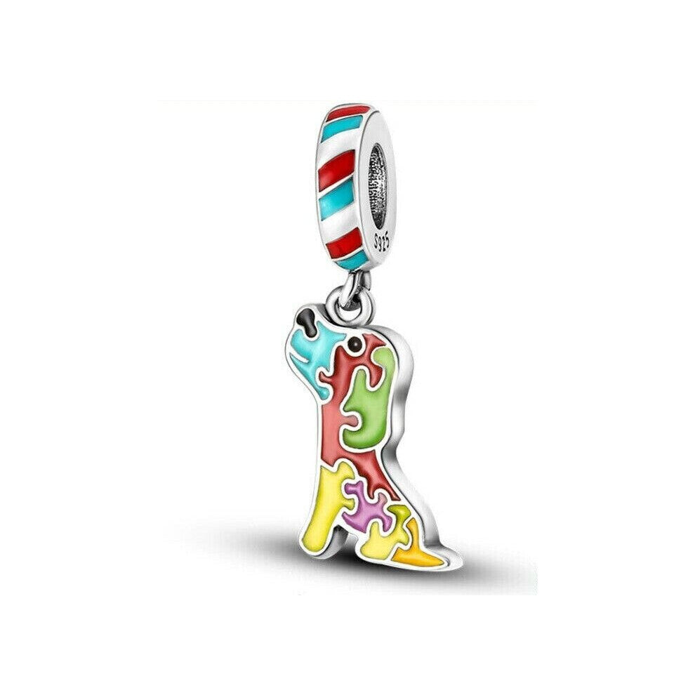 Autism Awareness Puzzle Dog dangle charm sterling silver 925 bracelet