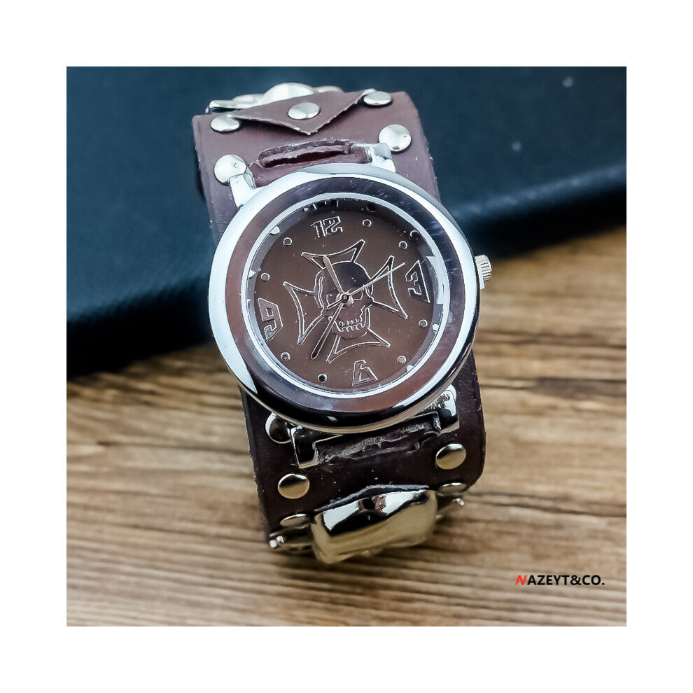 (brown) Men's and women's skull leather strap quartz watches, retro trend non-mechanical electronic watches