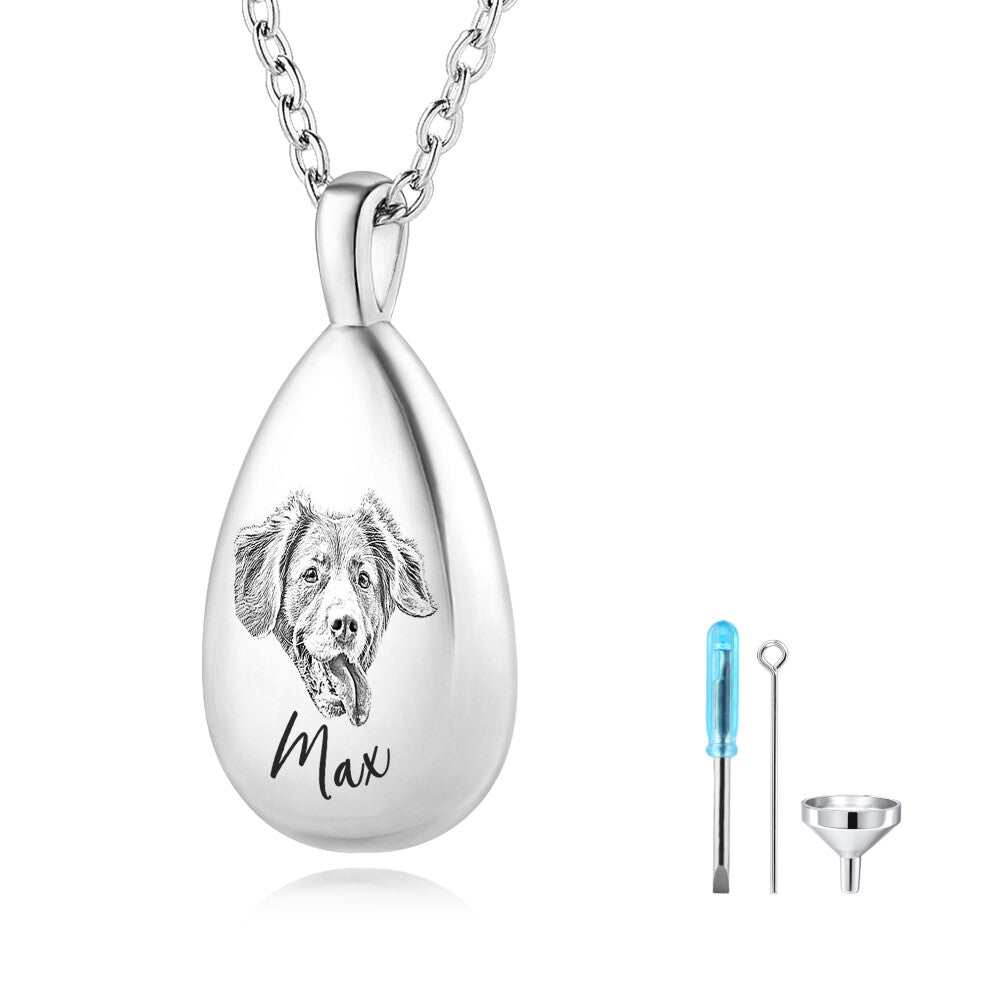 Pet Portrait Teardrop Urn Necklace for Ashes with Name-Photo Stainless Steel Pendant
