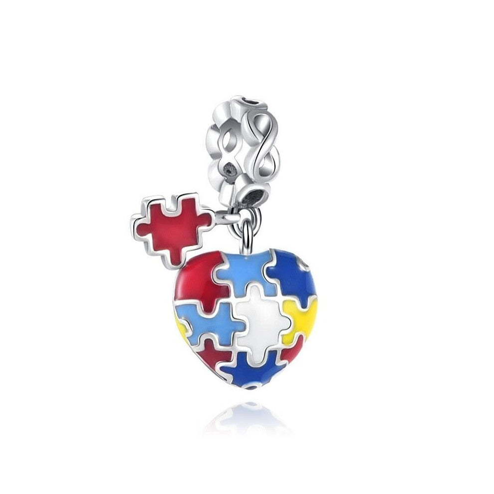 Colorful Puzzle Puffed Heart Dangle charm sterling silver for bracelet