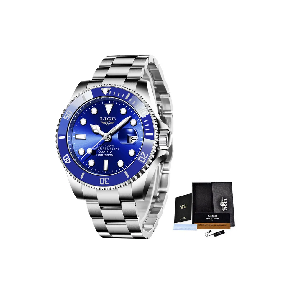 (Silver blue) Men Luxury Fashion Diver Watch 30ATM Waterproof Sport Watches Quartz Wristwatch