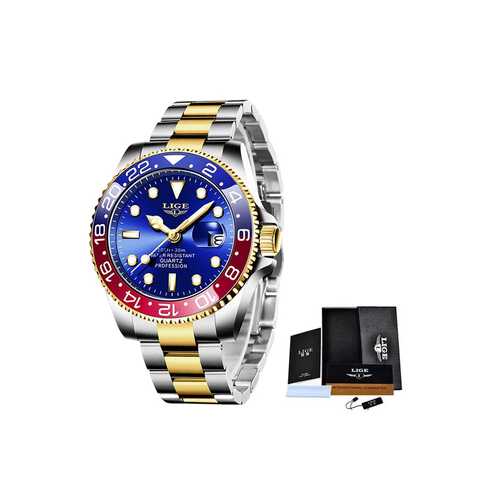 (Red blue) Men Luxury Fashion Diver Watch 30ATM Waterproof Sport Watches Quartz Wristwatch