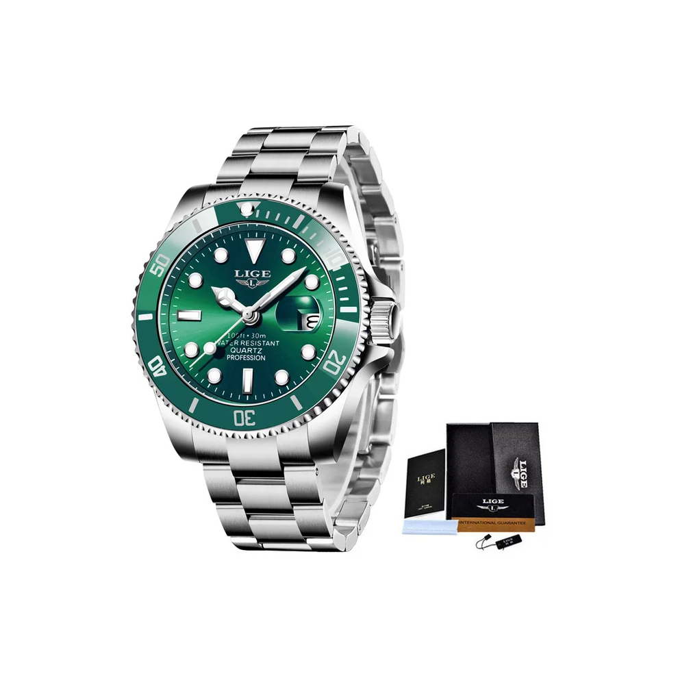 (Silver green) Men Luxury Fashion Diver Watch 30ATM Waterproof Sport Watches Quartz Wristwatch