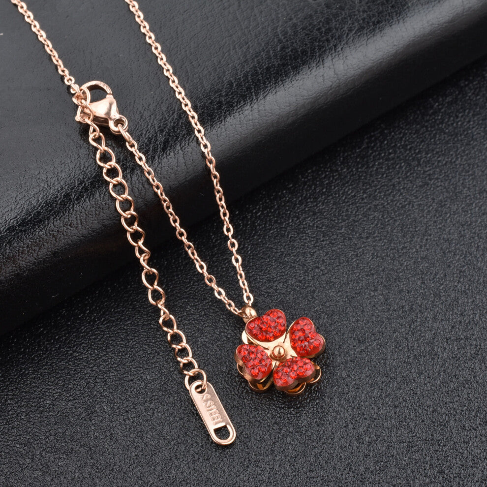 (Rotating Red Flower - Rose gold) Little red flower necklace, 18K rose gold titanium steel necklace, simple collarbone chain for women, swan pendant