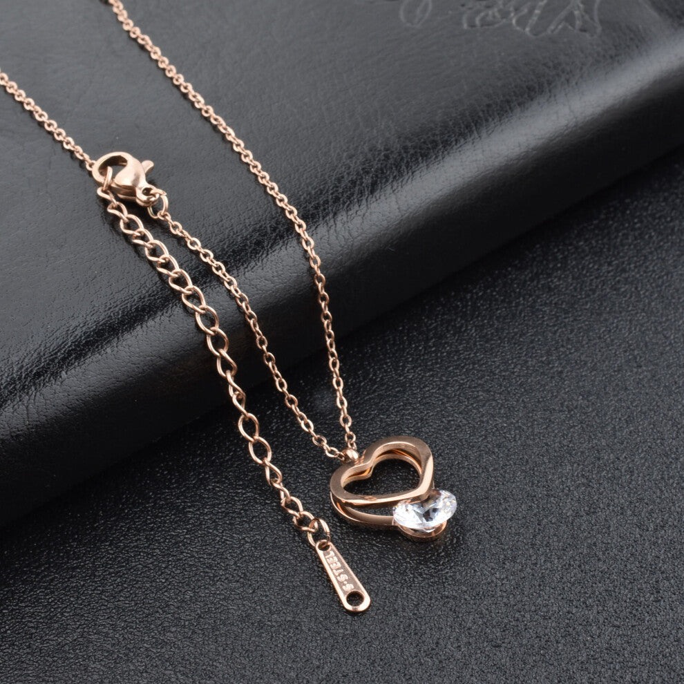 (Hearts with diamonds - Gold) Little red flower necklace, 18K rose gold titanium steel necklace, simple collarbone chain for women, swan pendant