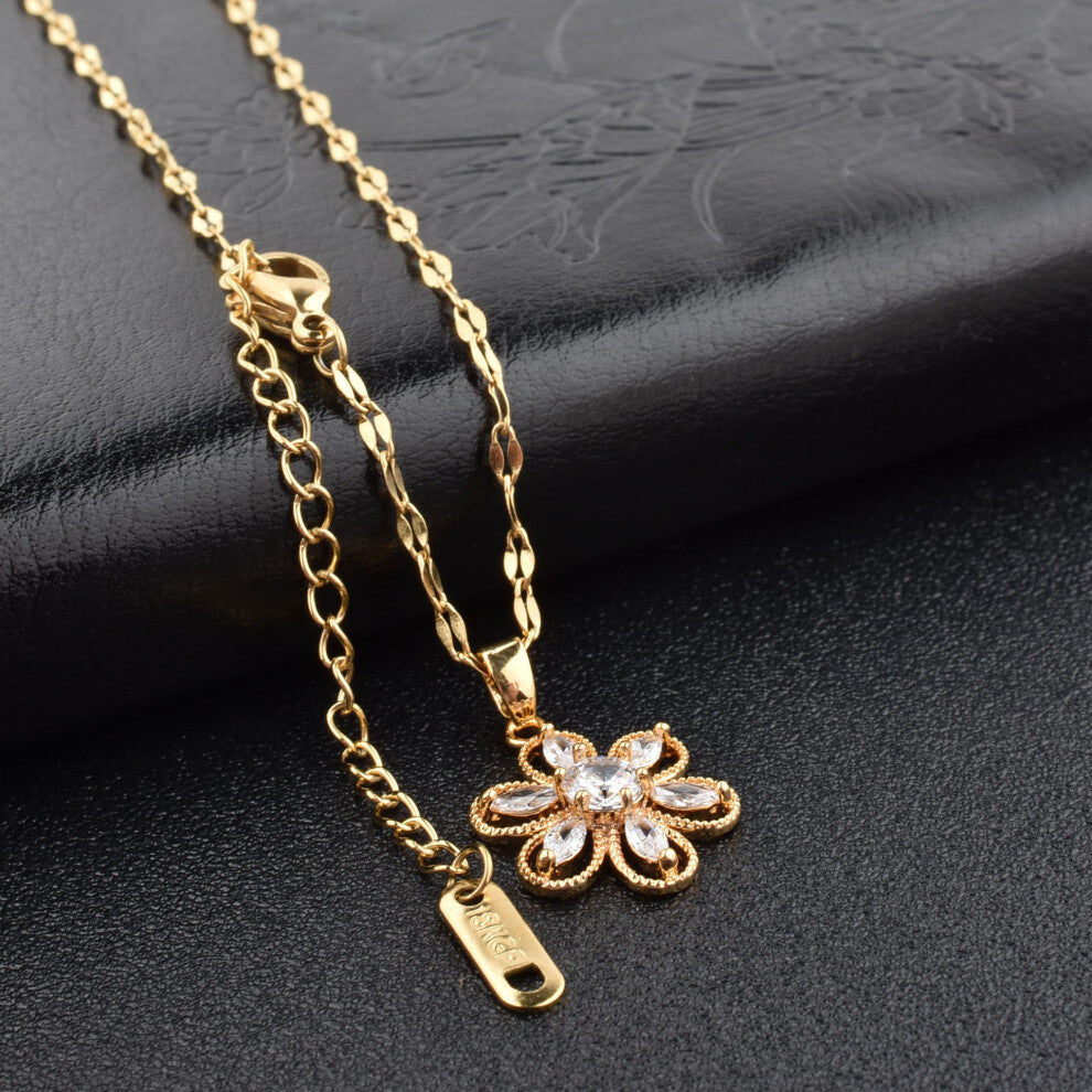 (Six-petal gold) Little red flower necklace, 18K rose gold titanium steel necklace, simple collarbone chain for women, swan pendant