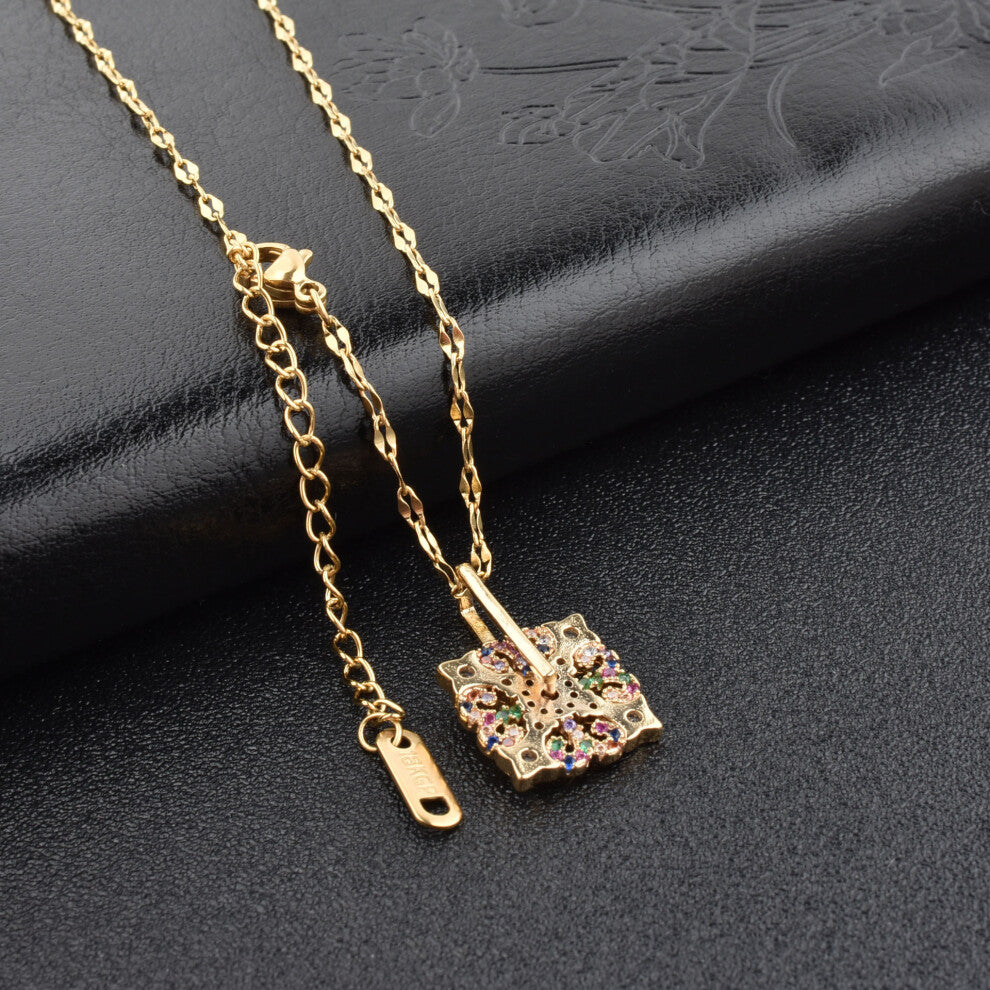 (multicolored square with gold on both sides) Little red flower necklace, 18K rose gold titanium steel necklace, simple collarbone chain for women, sw