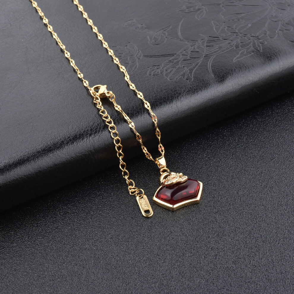 (ruby necklace in gold) Little red flower necklace, 18K rose gold titanium steel necklace, simple collarbone chain for women, swan pendant